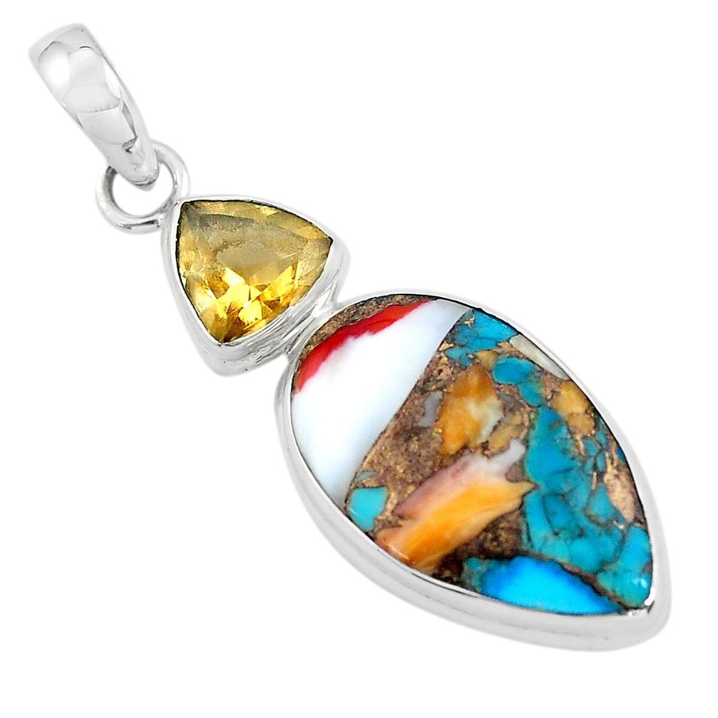 13.70cts multi color spiny oyster arizona turquoise 925 silver pendant p58987