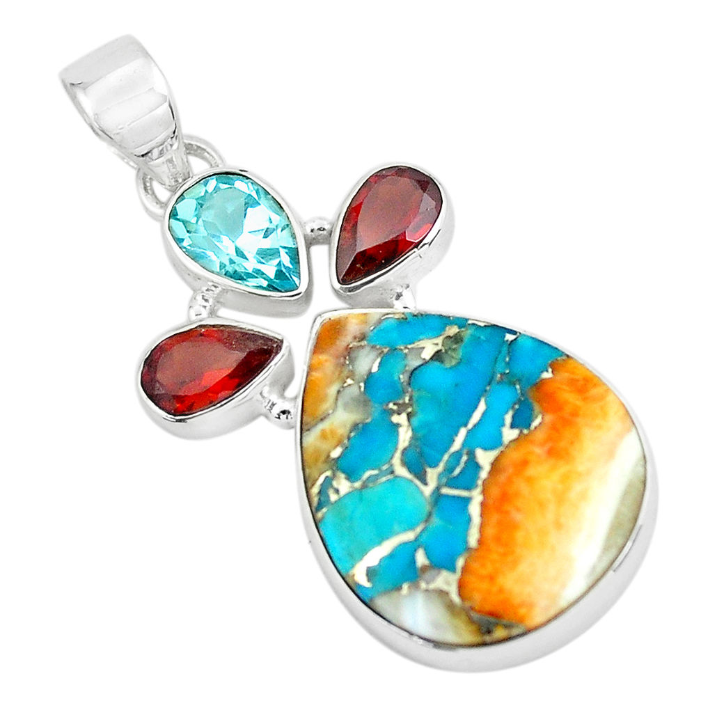 16.73cts multi color spiny oyster arizona turquoise 925 silver pendant p65361