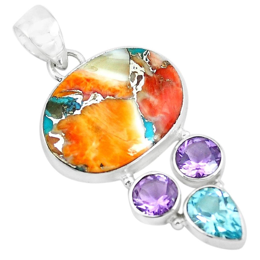 15.05cts multi color spiny oyster arizona turquoise 925 silver pendant p65363