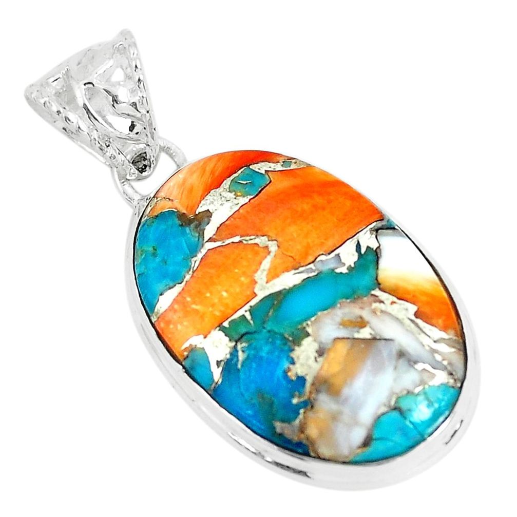 14.72cts multi color spiny oyster arizona turquoise 925 silver pendant p65390