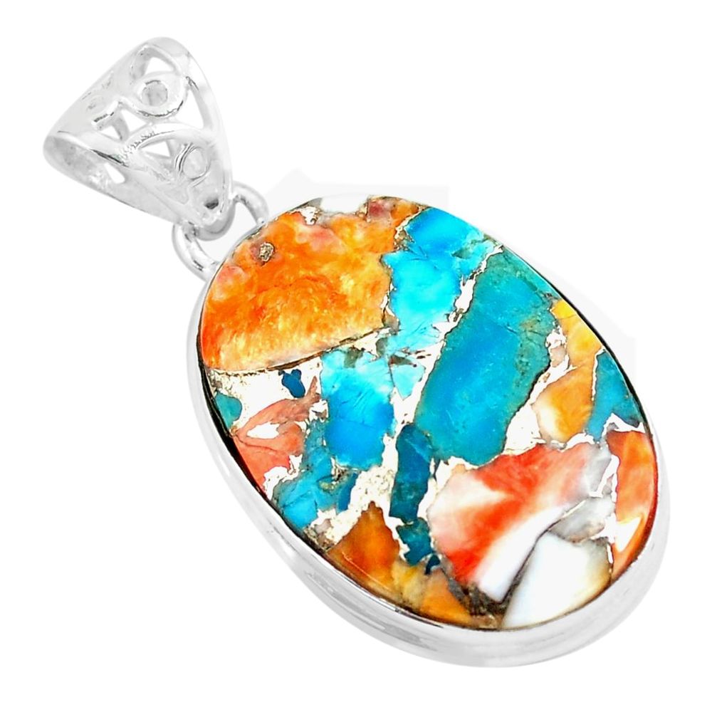 17.18cts multi color spiny oyster arizona turquoise 925 silver pendant p70615