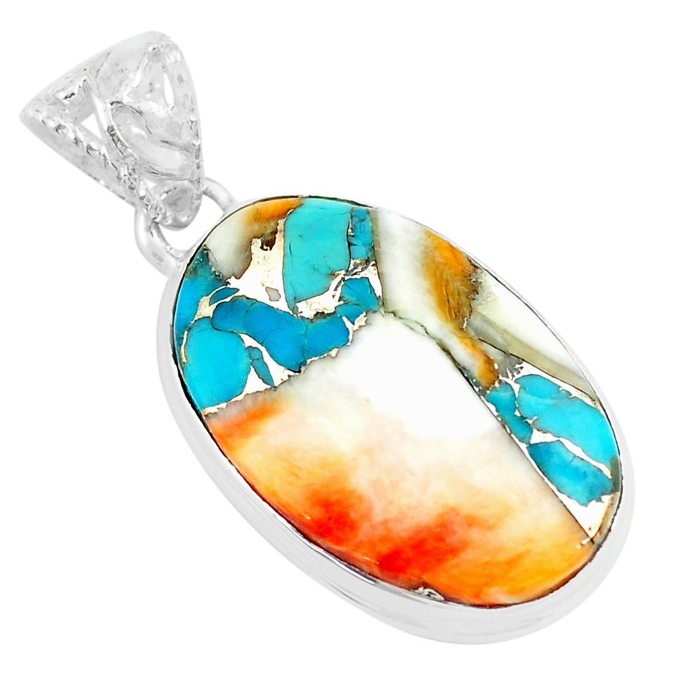 17.22cts multi color spiny oyster arizona turquoise 925 silver pendant p70619