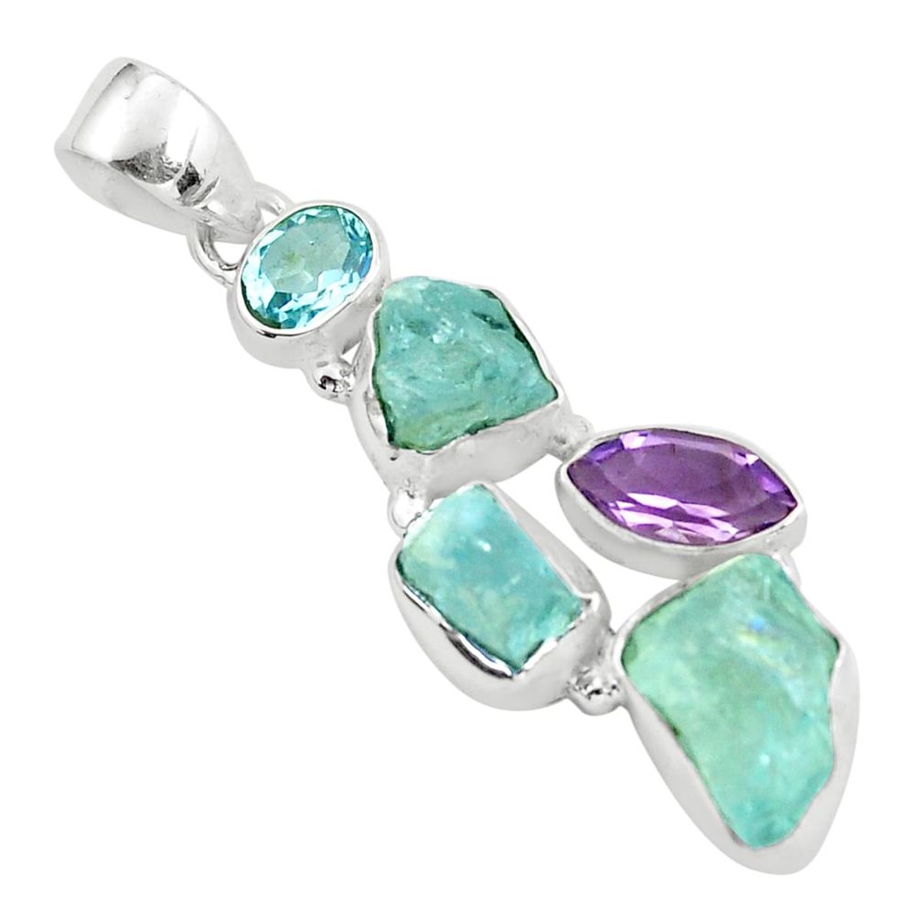 12.04cts natural aqua aquamarine rough amethyst topaz 925 silver pendant p58902