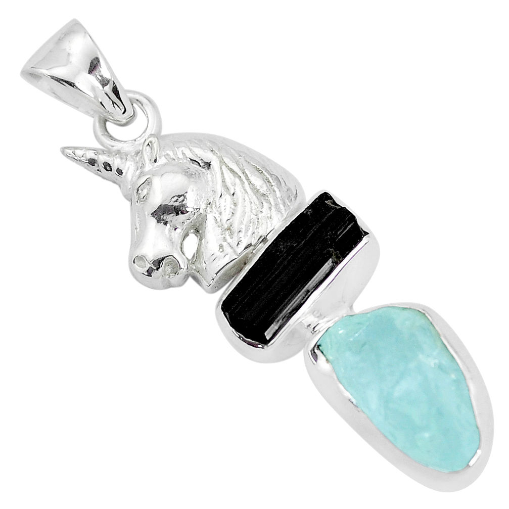 Natural aqua aquamarine rough tourmaline rough 925 silver horse pendant p35373