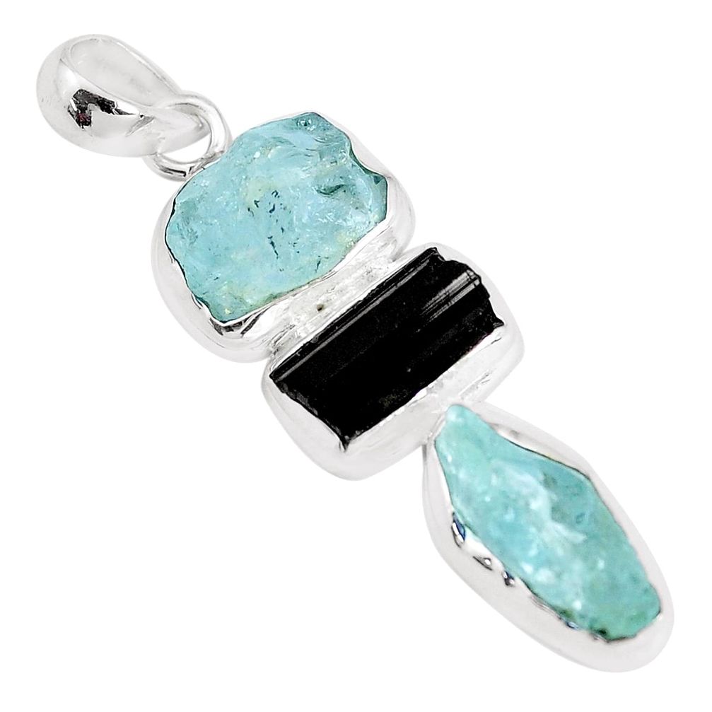 13.87cts natural aqua aquamarine rough tourmaline rough silver pendant p35222