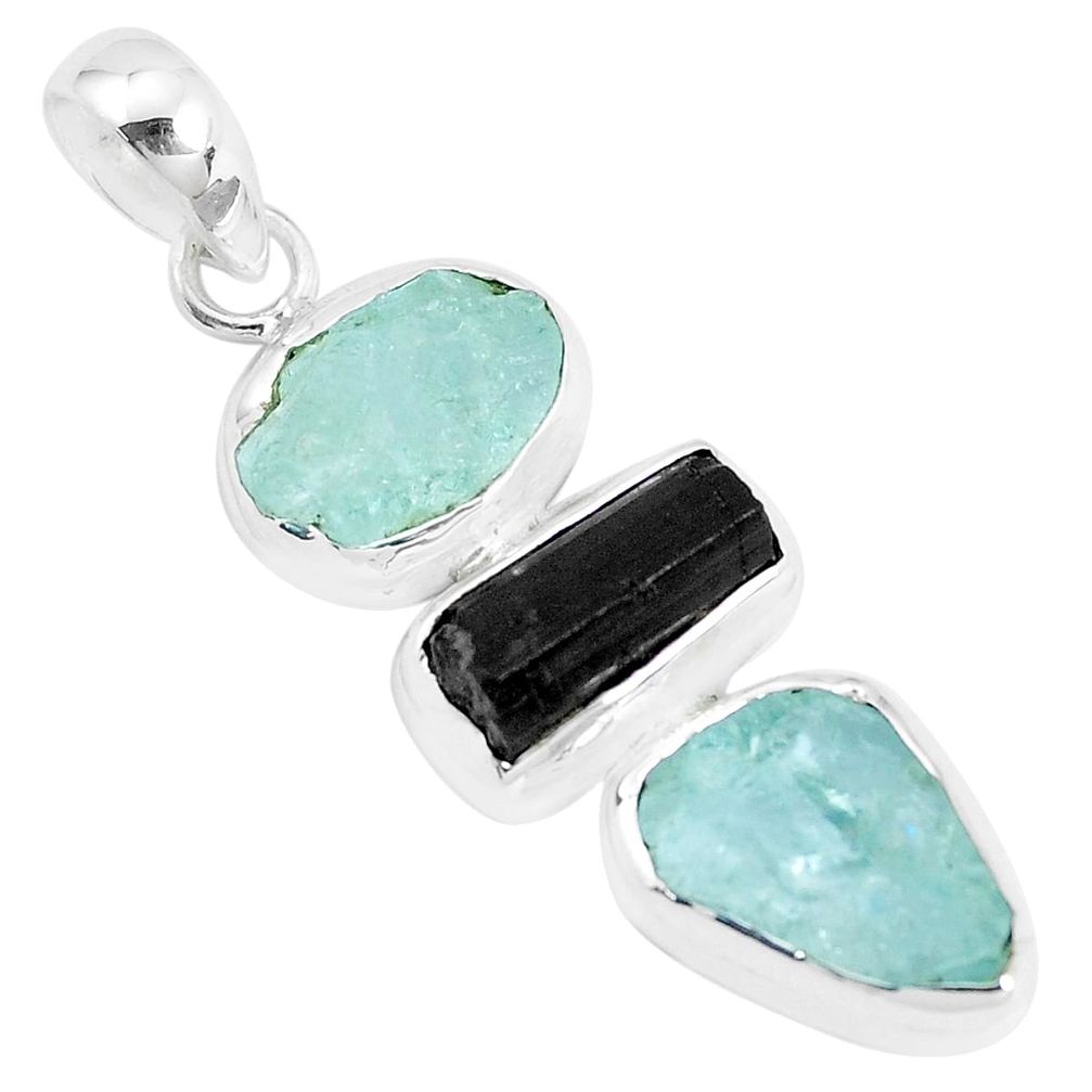 13.87cts natural aqua aquamarine rough tourmaline rough silver pendant p35248