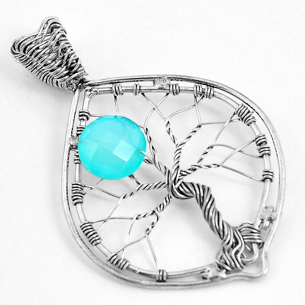 4.52cts natural aqua chalcedony 925 sterling silver tree of life pendant p43075