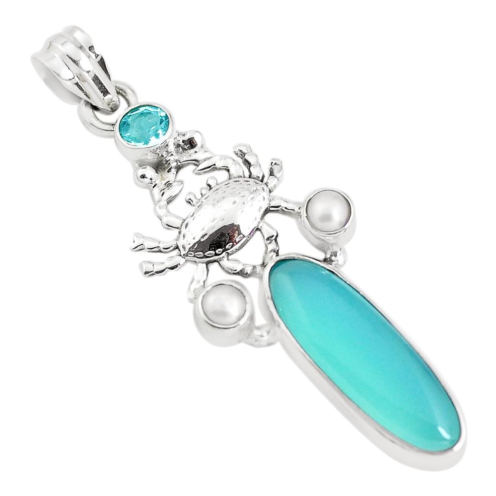 11.44cts natural aqua chalcedony topaz 925 sterling silver crab pendant p38993