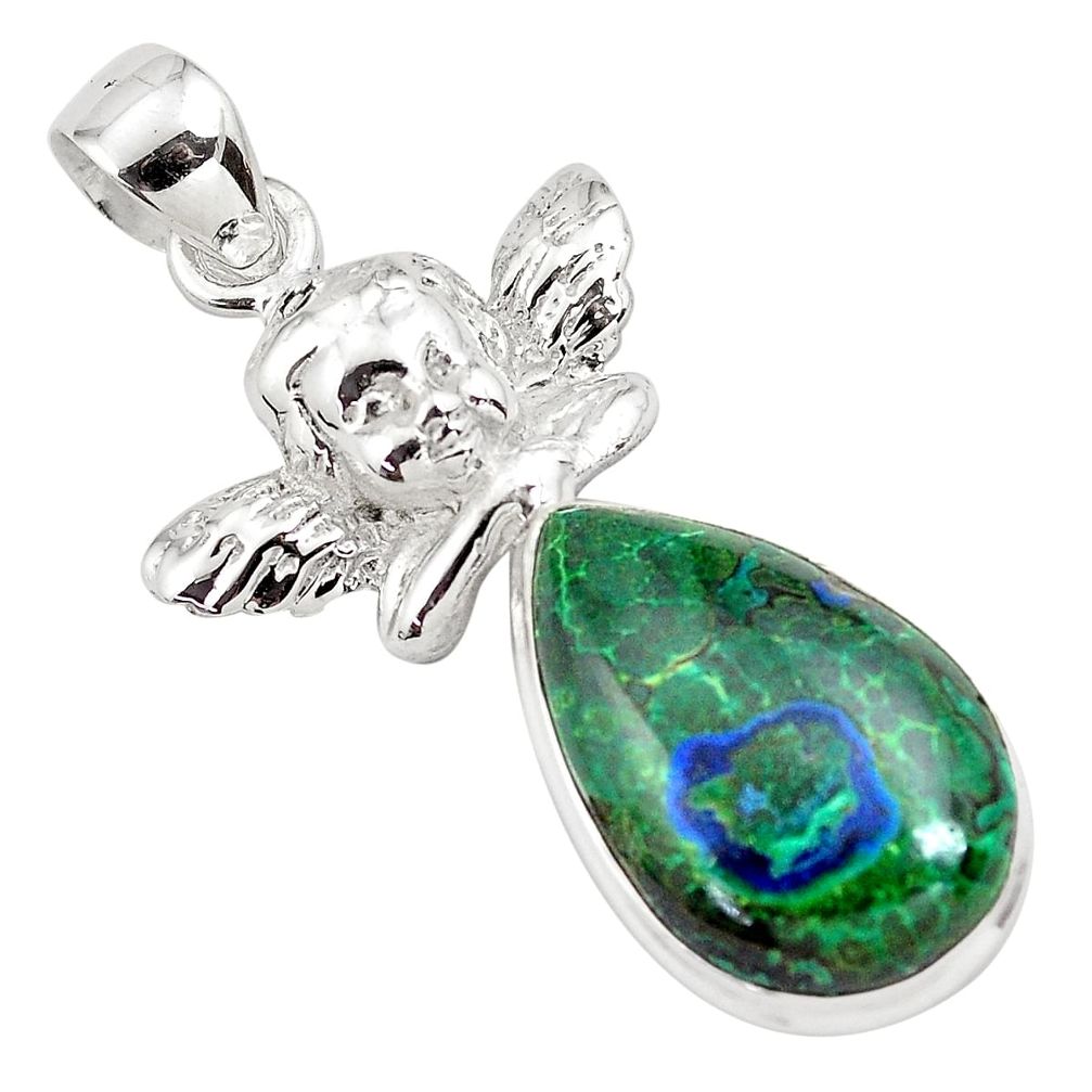 13.79cts natural azurite malachite 925 silver cupid angel wings pendant p79352