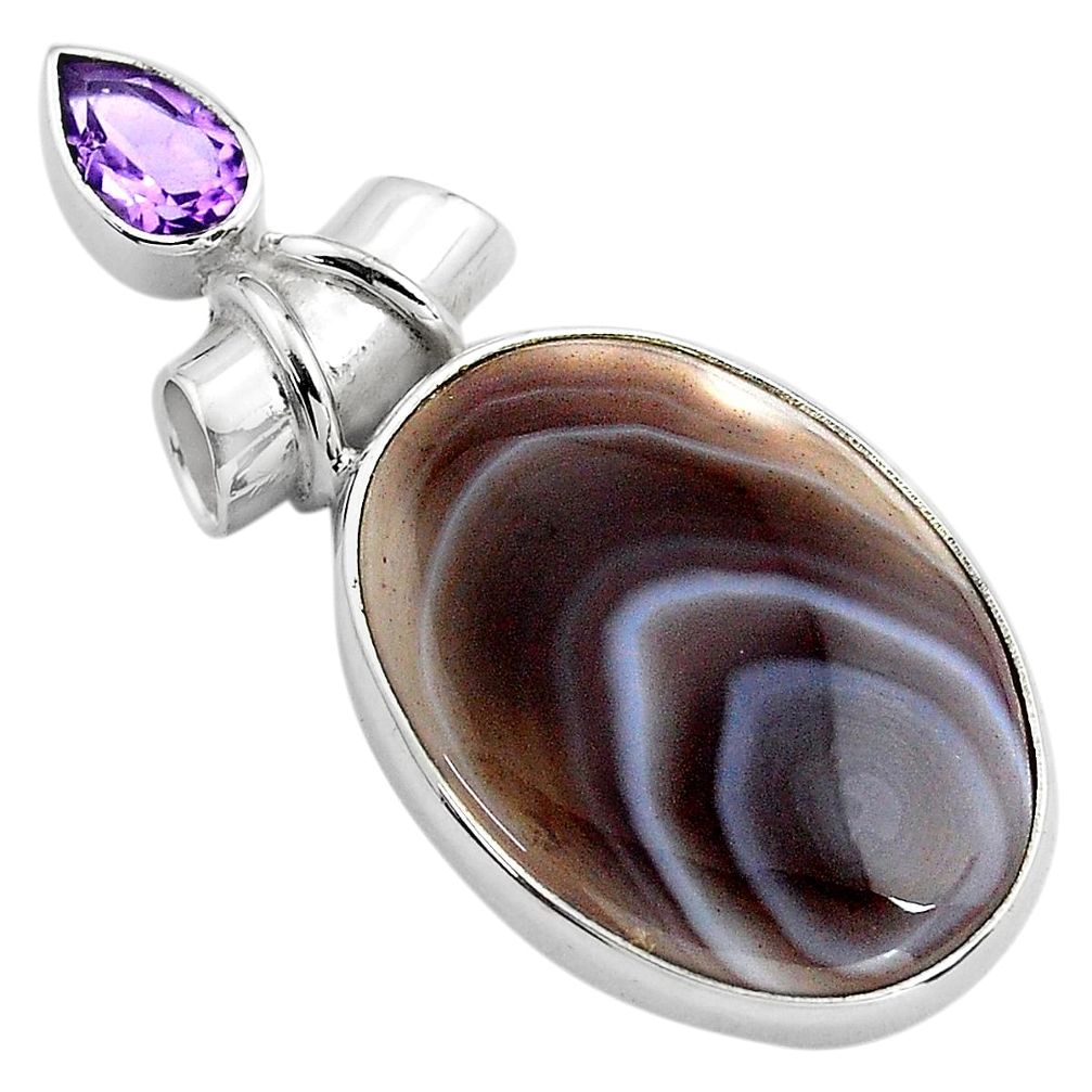 19.72cts natural black botswana agate purple amethyst 925 silver pendant p85065