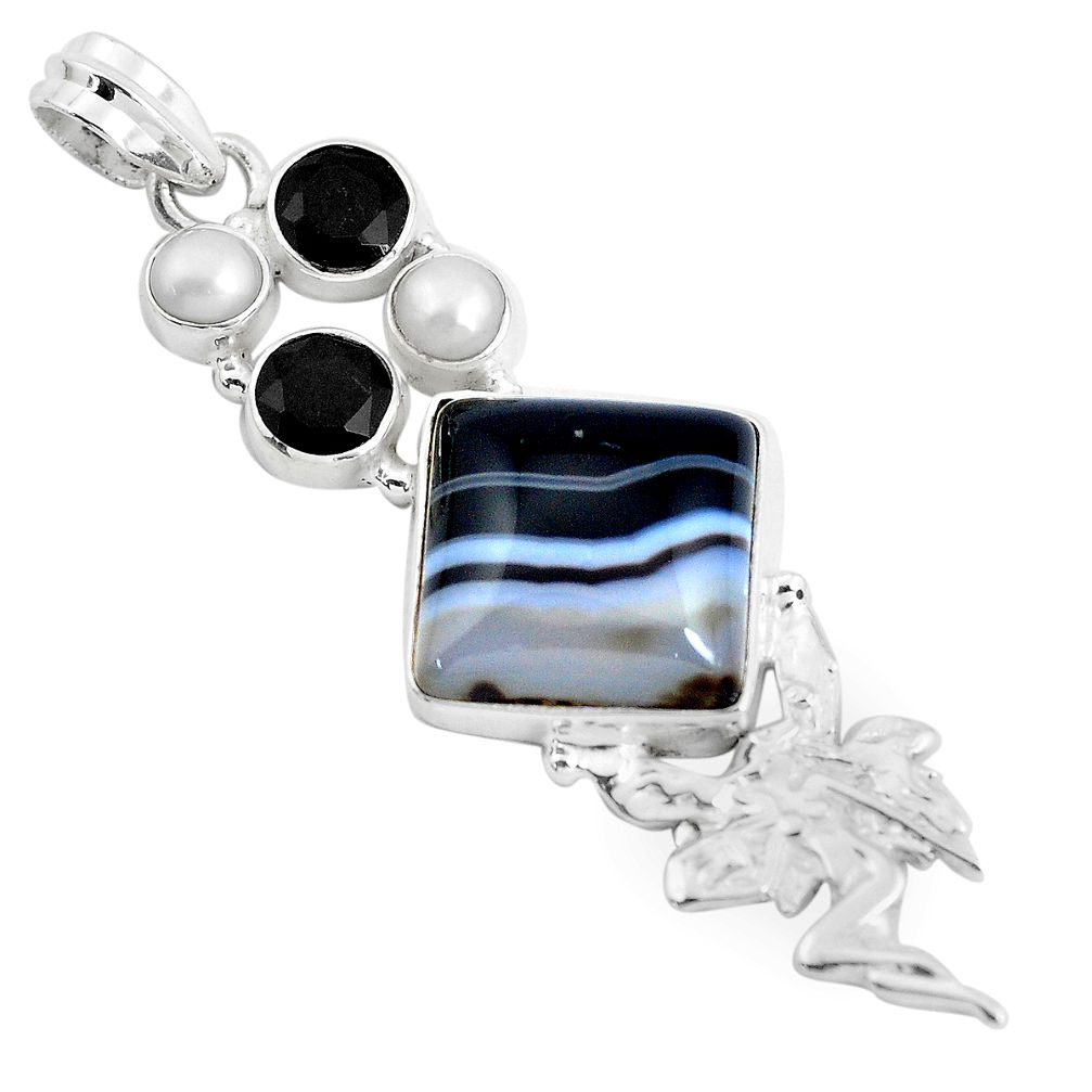 20.37cts natural black botswana agate silver angel wings fairy pendant d31057