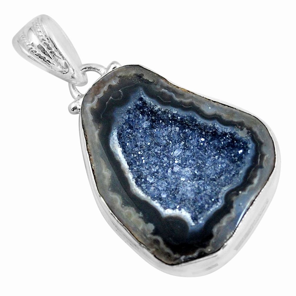 24.38cts natural black geode druzy 925 sterling silver pendant jewelry p58655