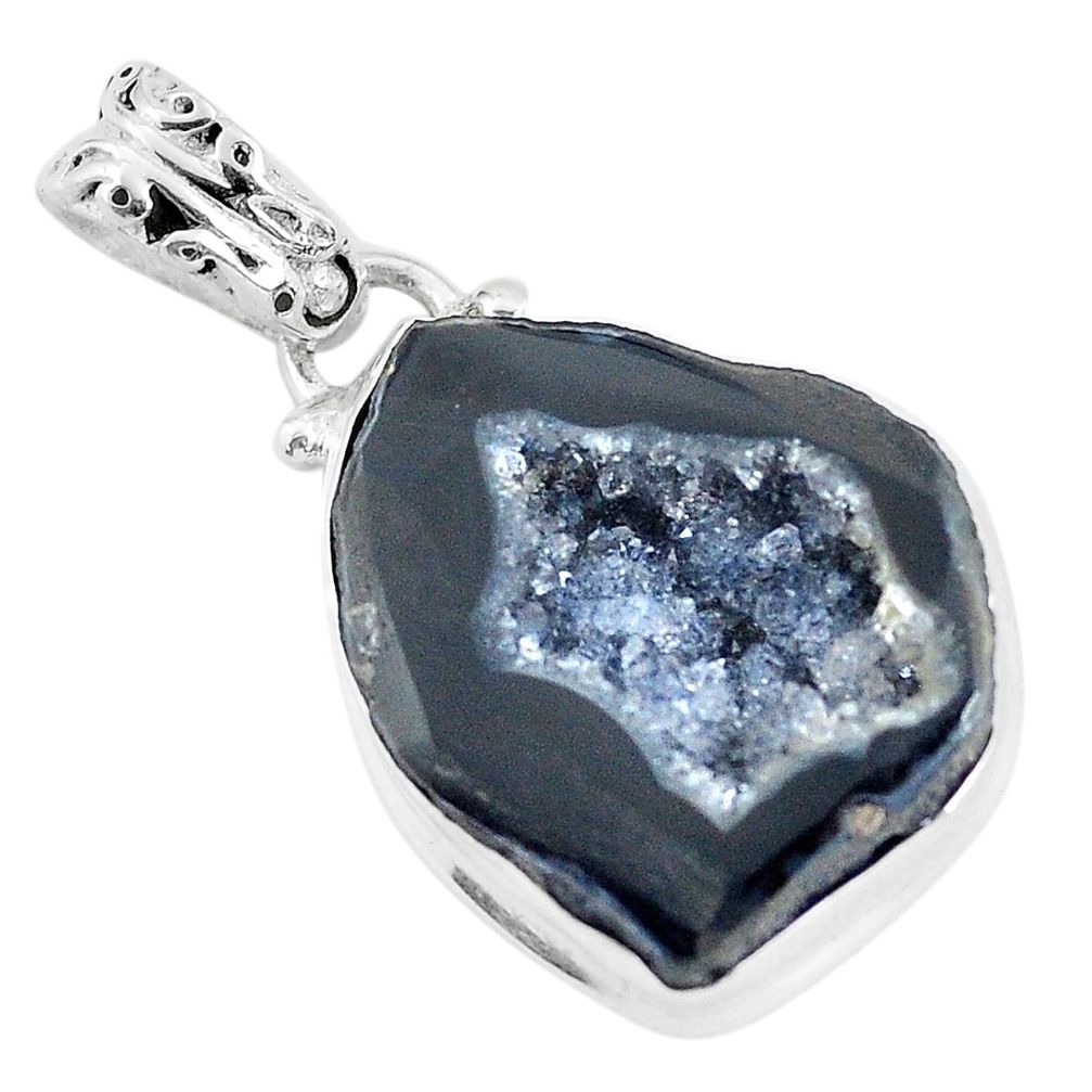 17.42cts natural black geode druzy 925 sterling silver pendant jewelry p58693