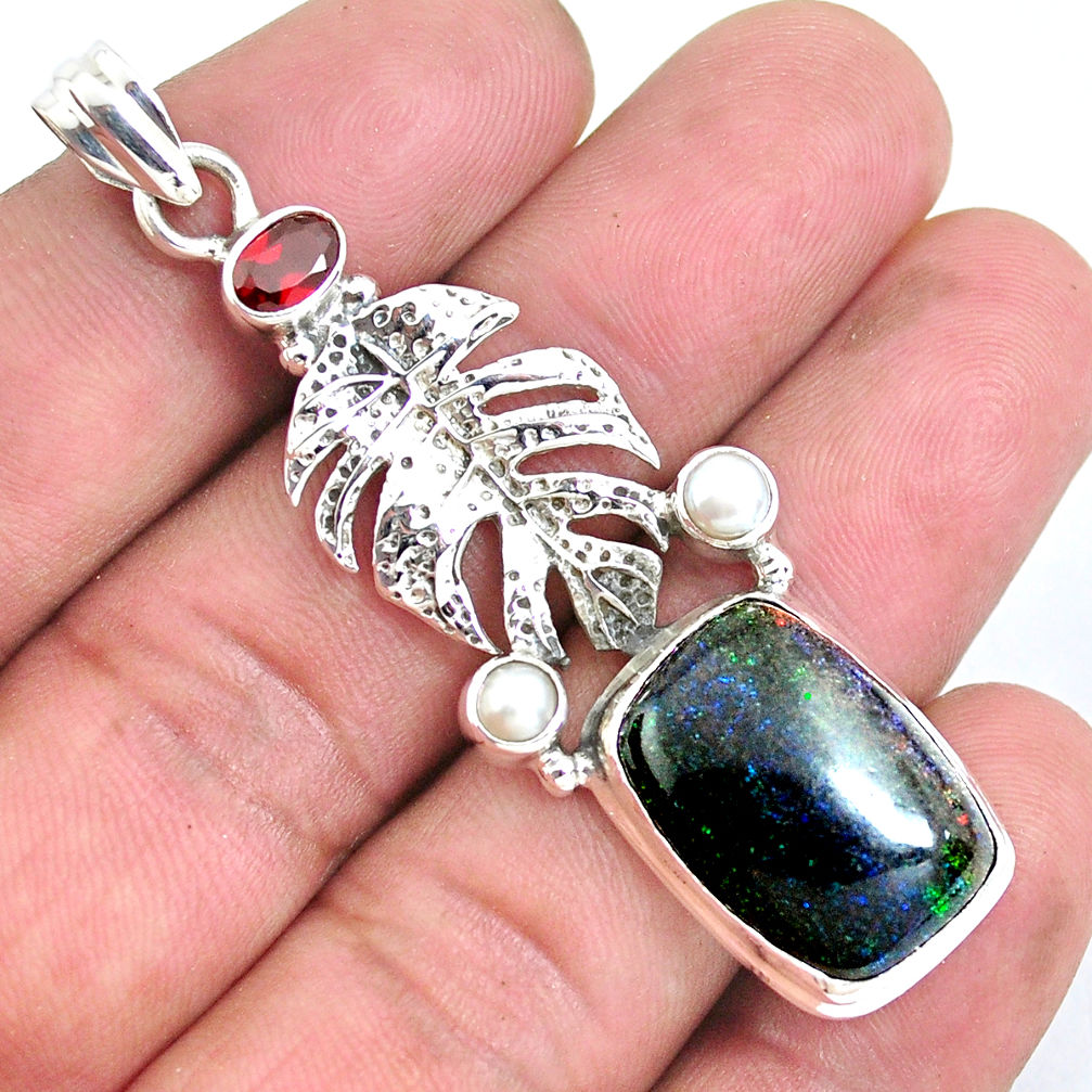 Natural black honduran matrix opal garnet 925 silver feather pendant p43124