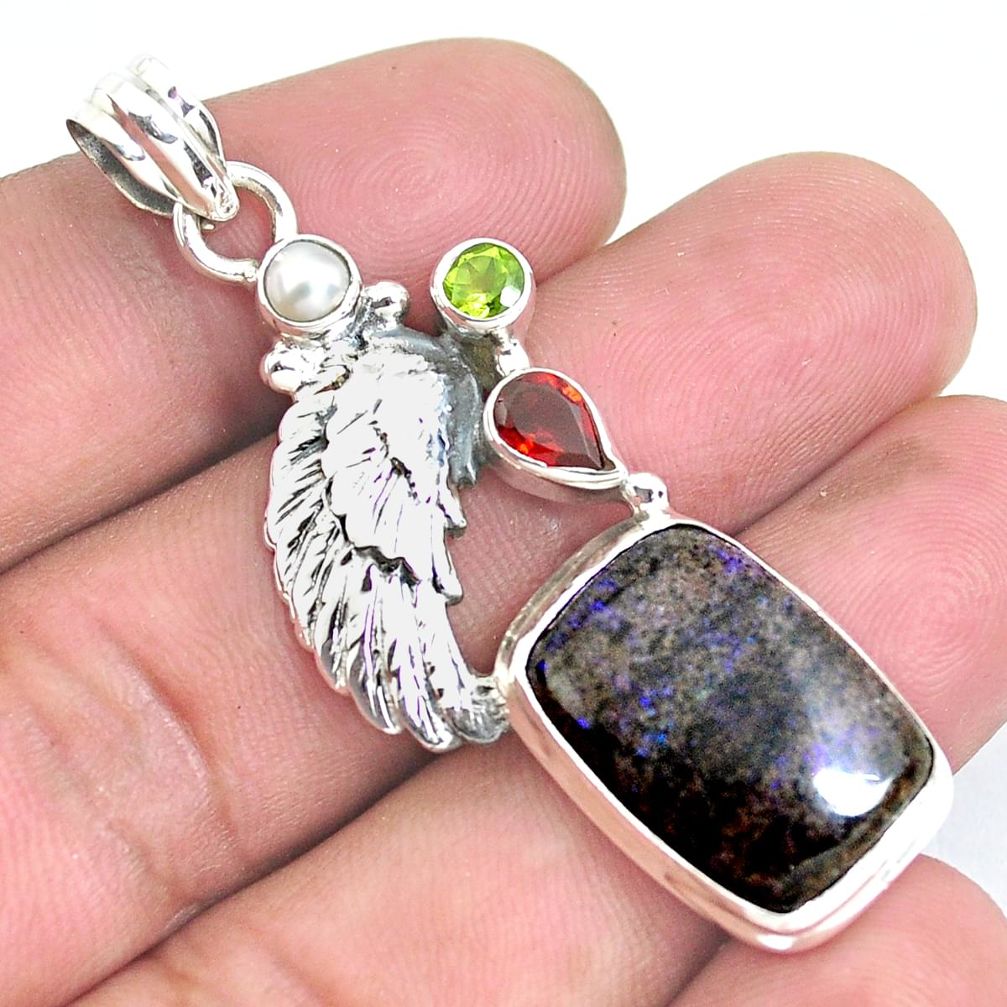 Natural black honduran matrix opal garnet 925 silver feather pendant p43133