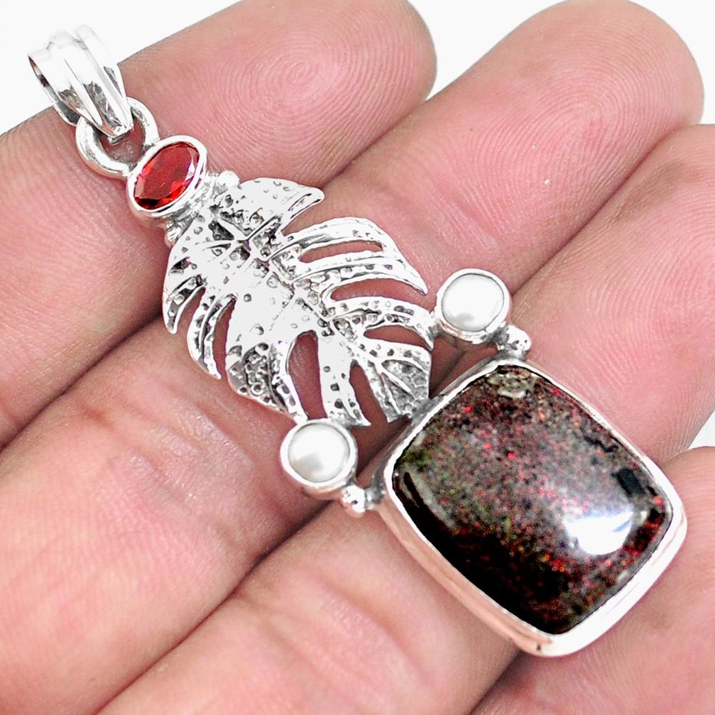 16.46cts natural black honduran matrix opal garnet 925 silver pendant p46746