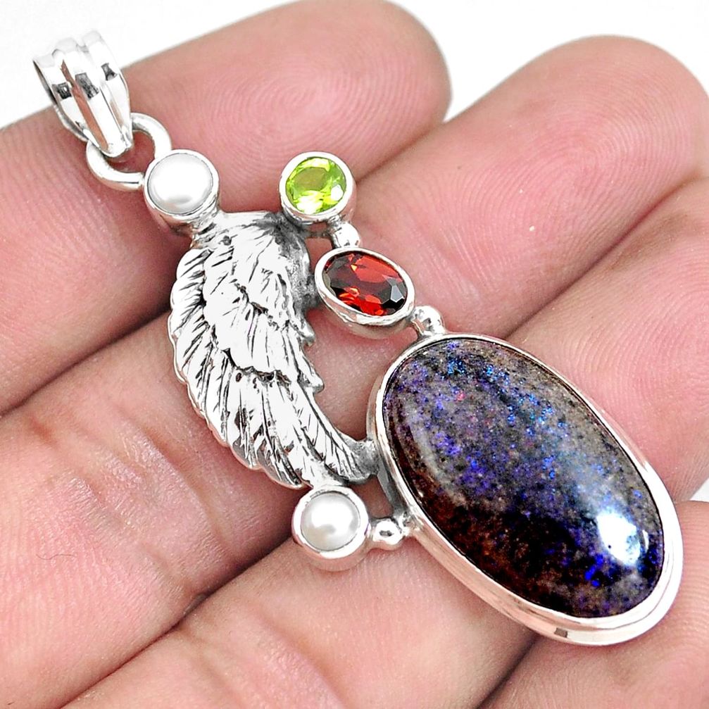 17.69cts natural black honduran matrix opal garnet 925 silver pendant p46748