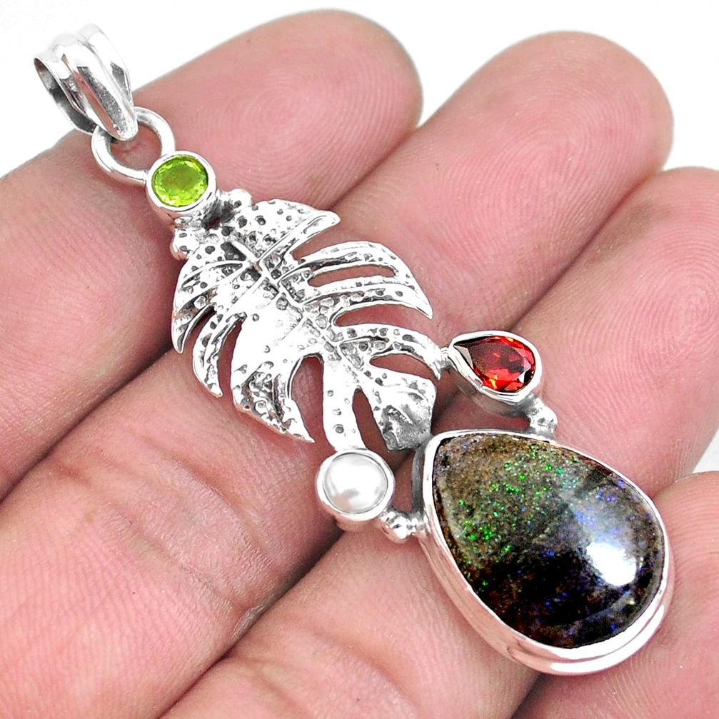 14.41cts natural black honduran matrix opal garnet silver leaf pendant p43103