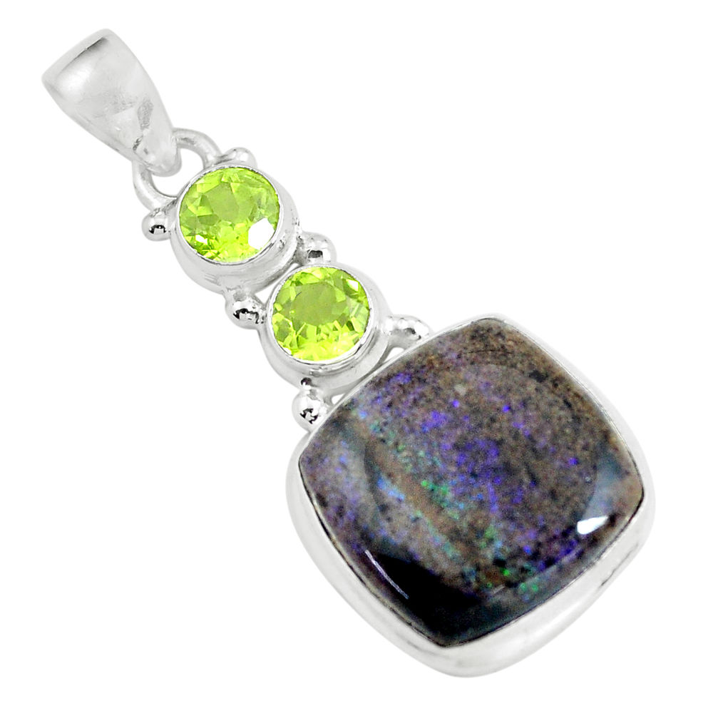 19.72cts natural black honduran matrix opal peridot 925 silver pendant d31916