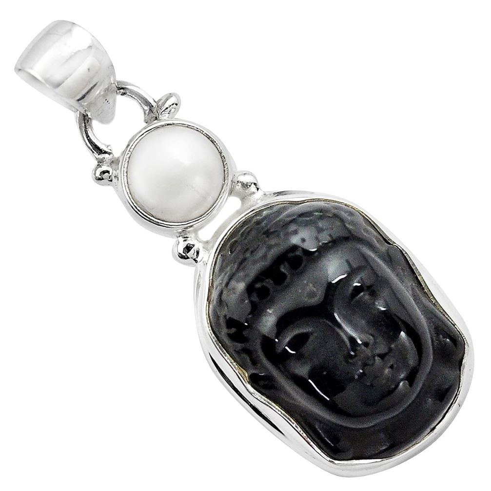 17.57cts natural black onyx pearl 925 silver buddha charm pendant p84483