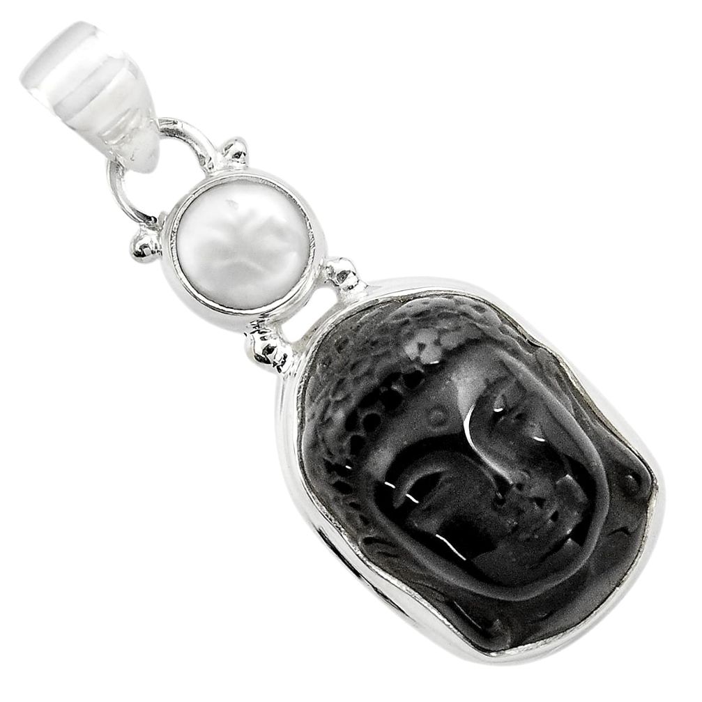 17.57cts natural black onyx white pearl 925 silver buddha charm pendant p84486