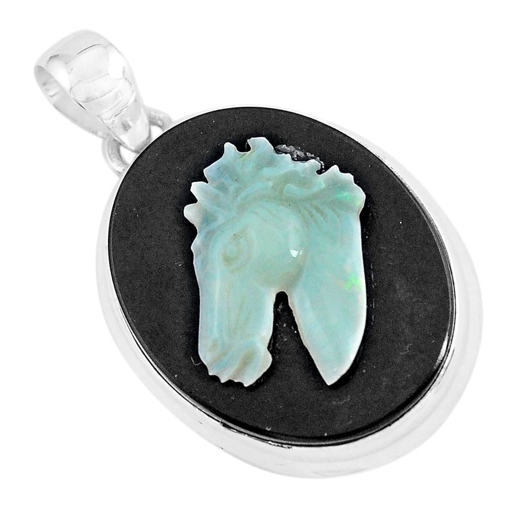 16.18cts natural black opal cameo on black onyx 925 silver horse pendant p59335