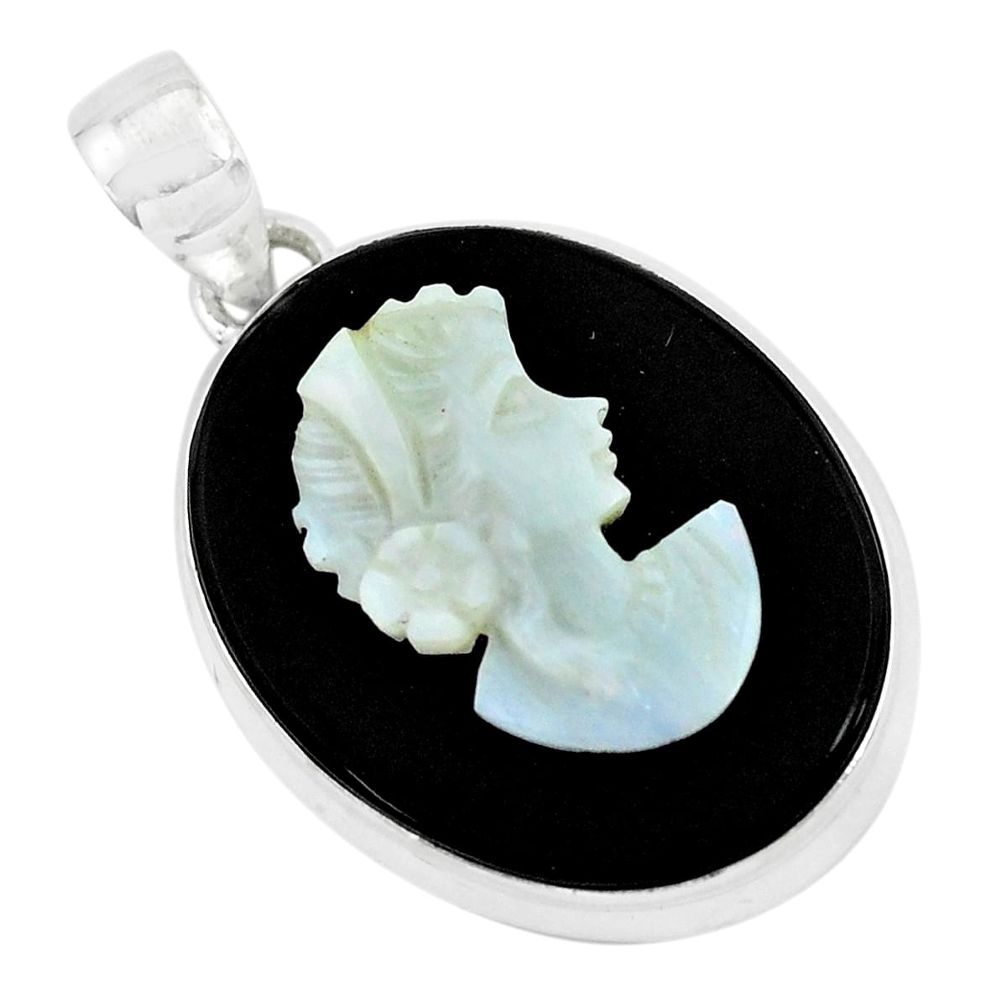 Natural black opal cameo on black onyx 925 silver lady face pendant p49848