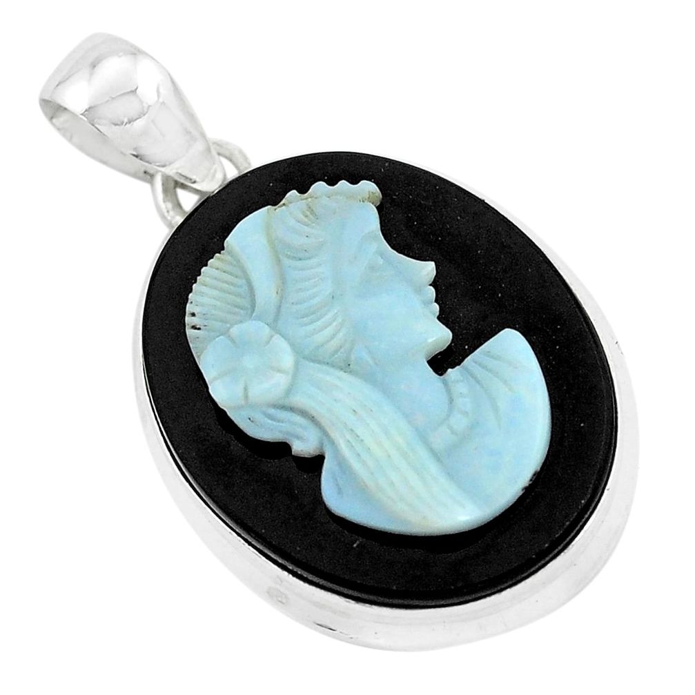 Natural black opal cameo on black onyx 925 silver lady face pendant p49850