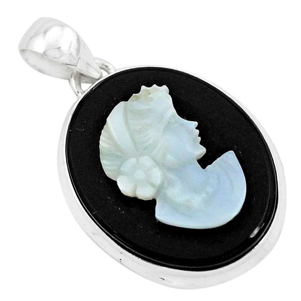 17.22cts natural black opal cameo on black onyx silver lady face pendant p49847