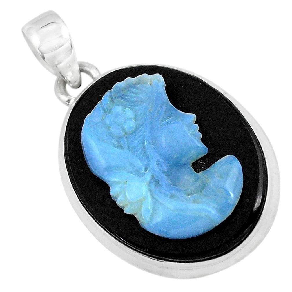 17.57cts natural black opal cameo on black onyx silver lady face pendant p59321