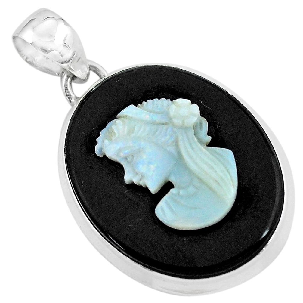 16.62cts natural black opal cameo on onyx 925 silver lady face pendant p59329