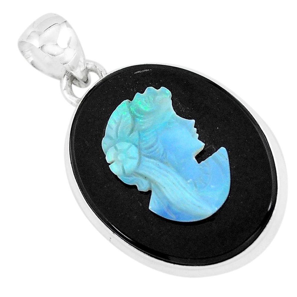 14.12cts natural black opal cameo on onyx 925 silver lady face pendant p59331