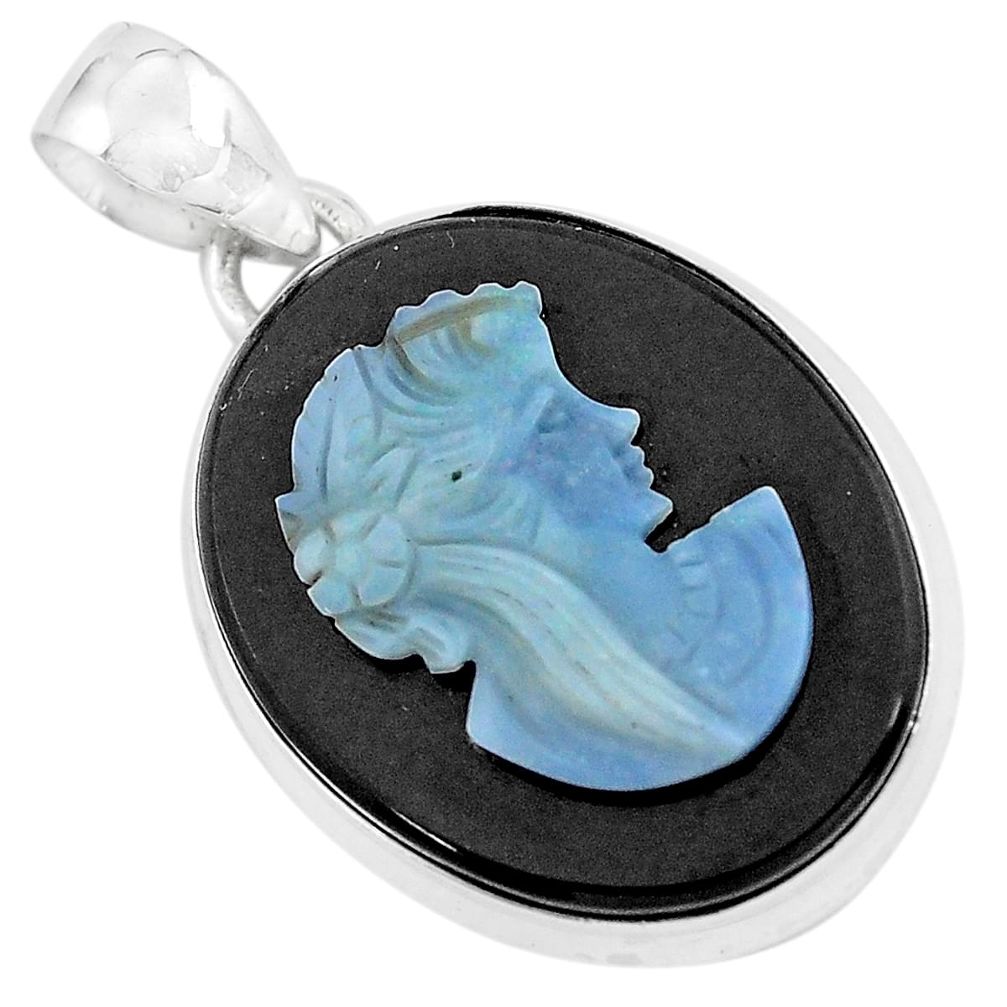 16.73cts natural black opal cameo on onyx 925 silver lady face pendant p59334