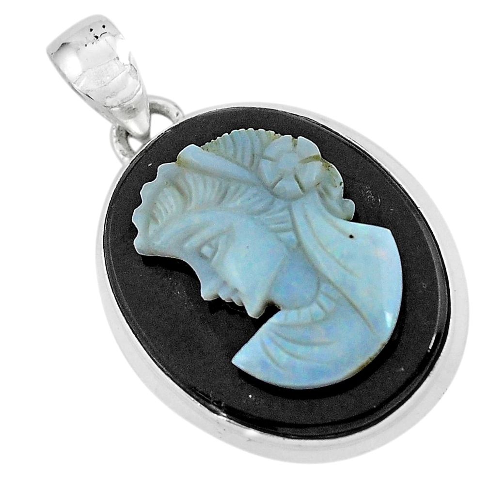20.07cts natural black opal cameo on onyx 925 silver lady face pendant p59338