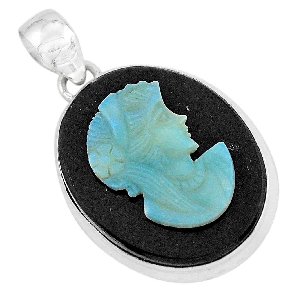 18.15cts natural black opal cameo on onyx 925 silver lady face pendant p59342