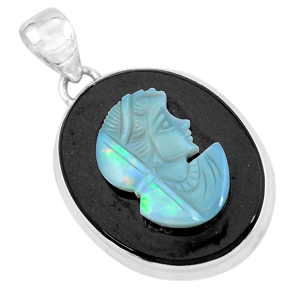 15.02cts natural black opal cameo on onyx 925 silver lady face pendant p59345