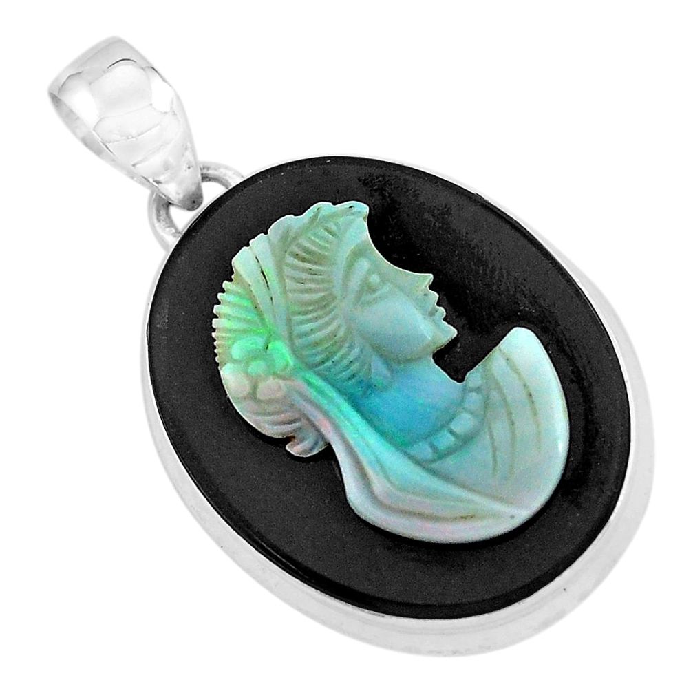 16.15cts natural black opal cameo on onyx 925 silver lady face pendant p59351