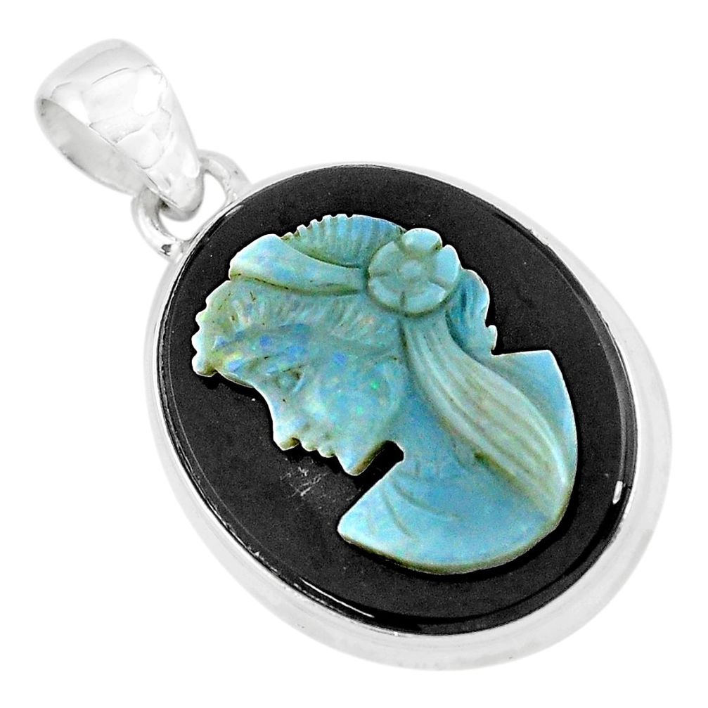 16.73cts natural black opal cameo on onyx 925 silver lady face pendant p59352