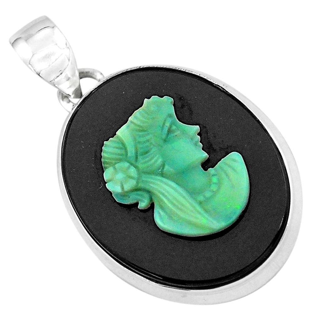 15.65cts natural black opal cameo on onyx 925 silver lady face pendant p59356