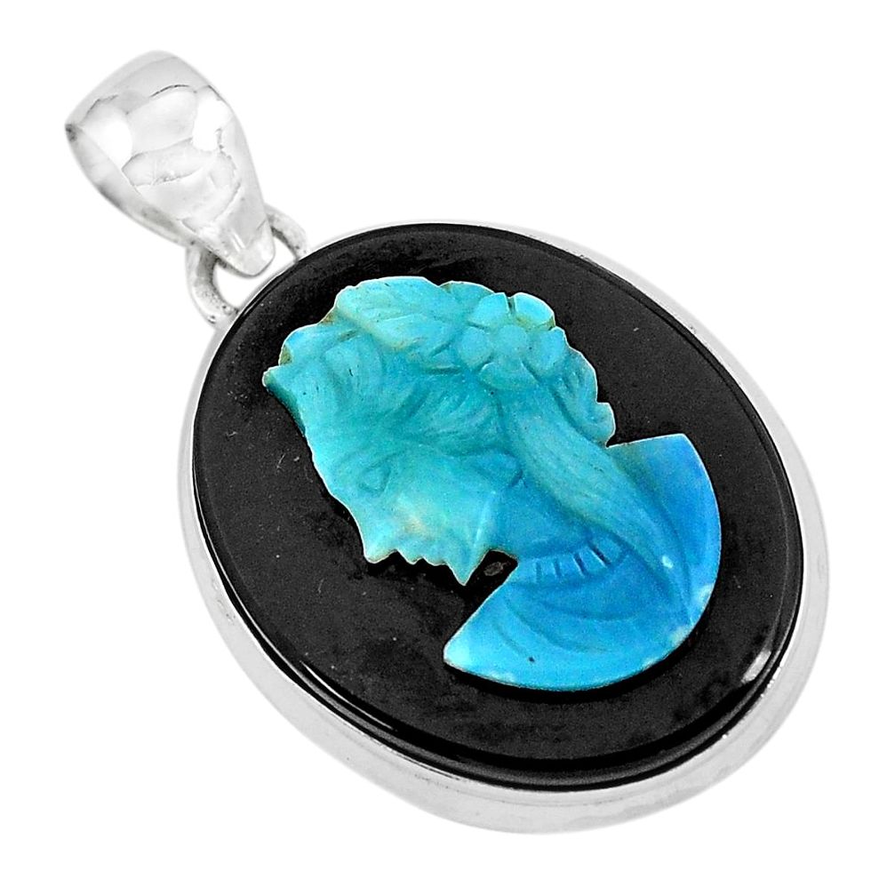 16.73cts natural black opal cameo on onyx 925 silver lady face pendant p59357