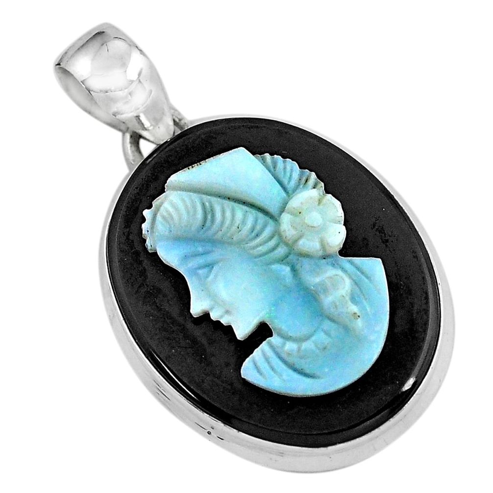 16.73cts natural black opal cameo on onyx 925 silver lady face pendant p59359