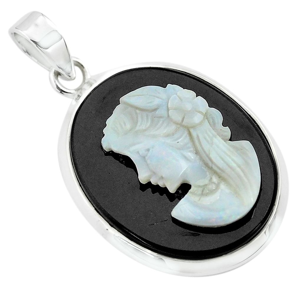 15.05cts natural black opal cameo on onyx lady face 925 silver pendant p71962