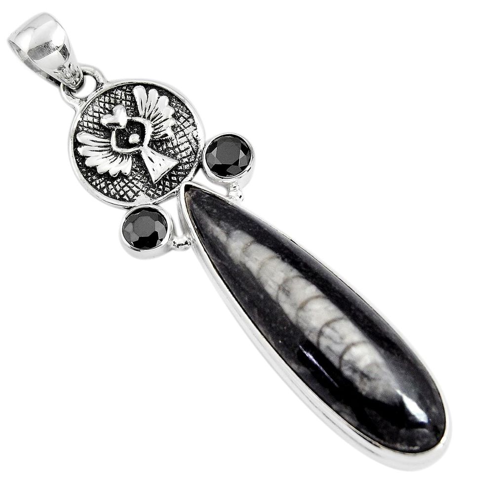 28.86cts natural black orthoceras onyx 925 sterling silver pendant p90321