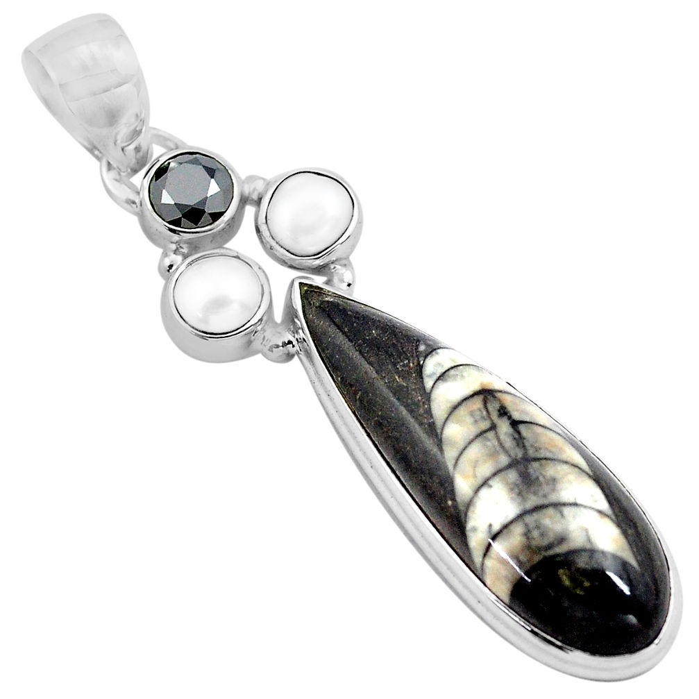 15.53cts natural black orthoceras onyx pearl 925 sterling silver pendant p86508