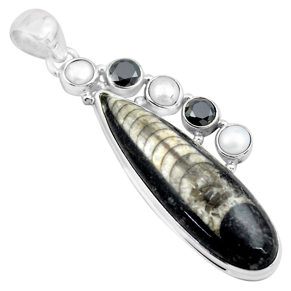 27.22cts natural black orthoceras onyx pearl 925 sterling silver pendant p86522