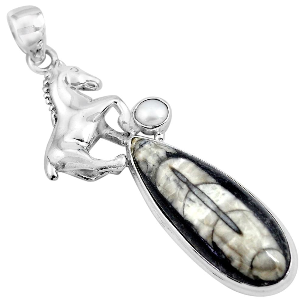 33.15cts natural black orthoceras pearl 925 sterling silver horse pendant p86543