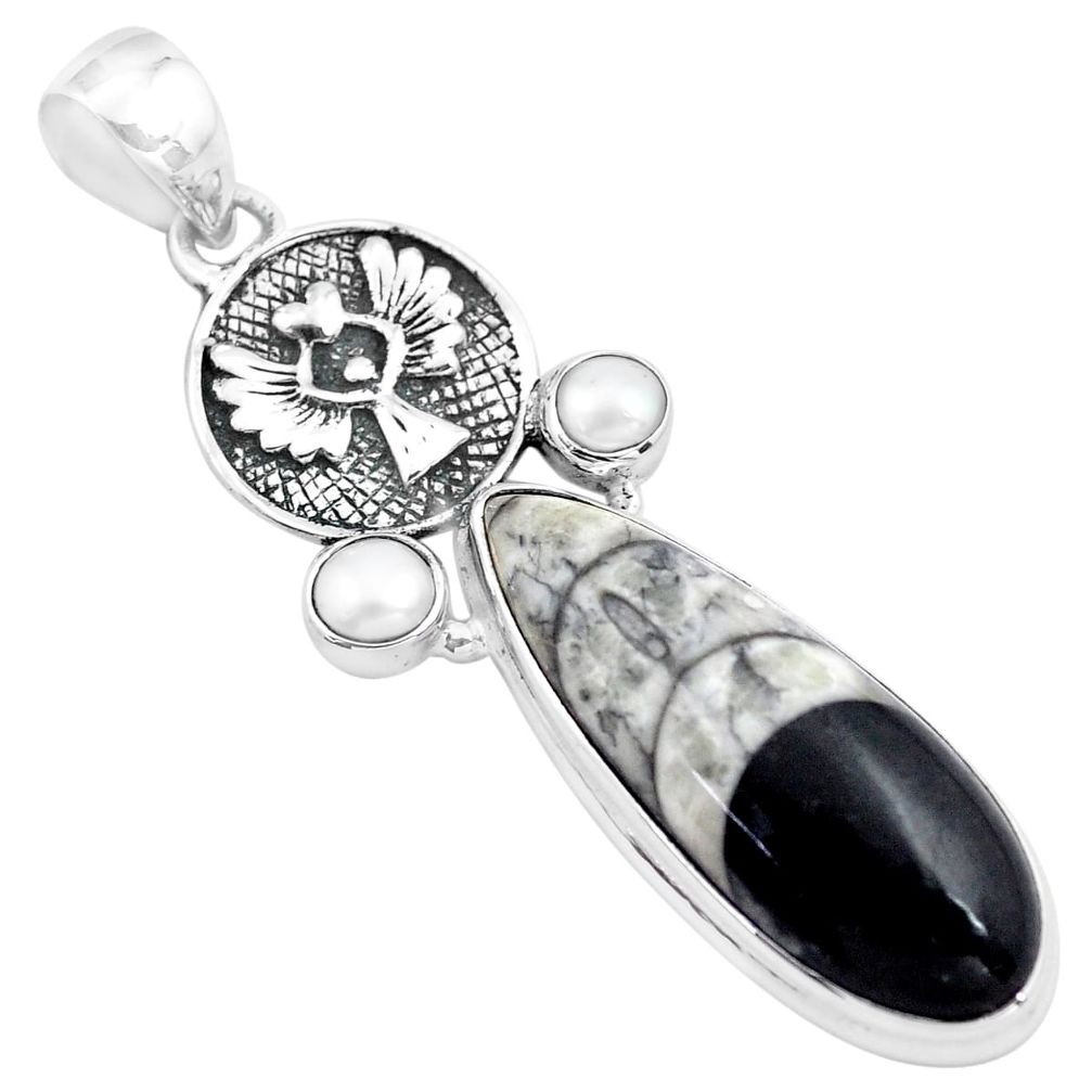 24.62cts natural black orthoceras pearl 925 sterling silver pendant p86553