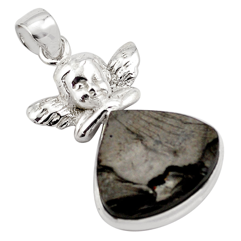 17.20cts natural black shungite 925 silver cupid angel wings pendant p88657