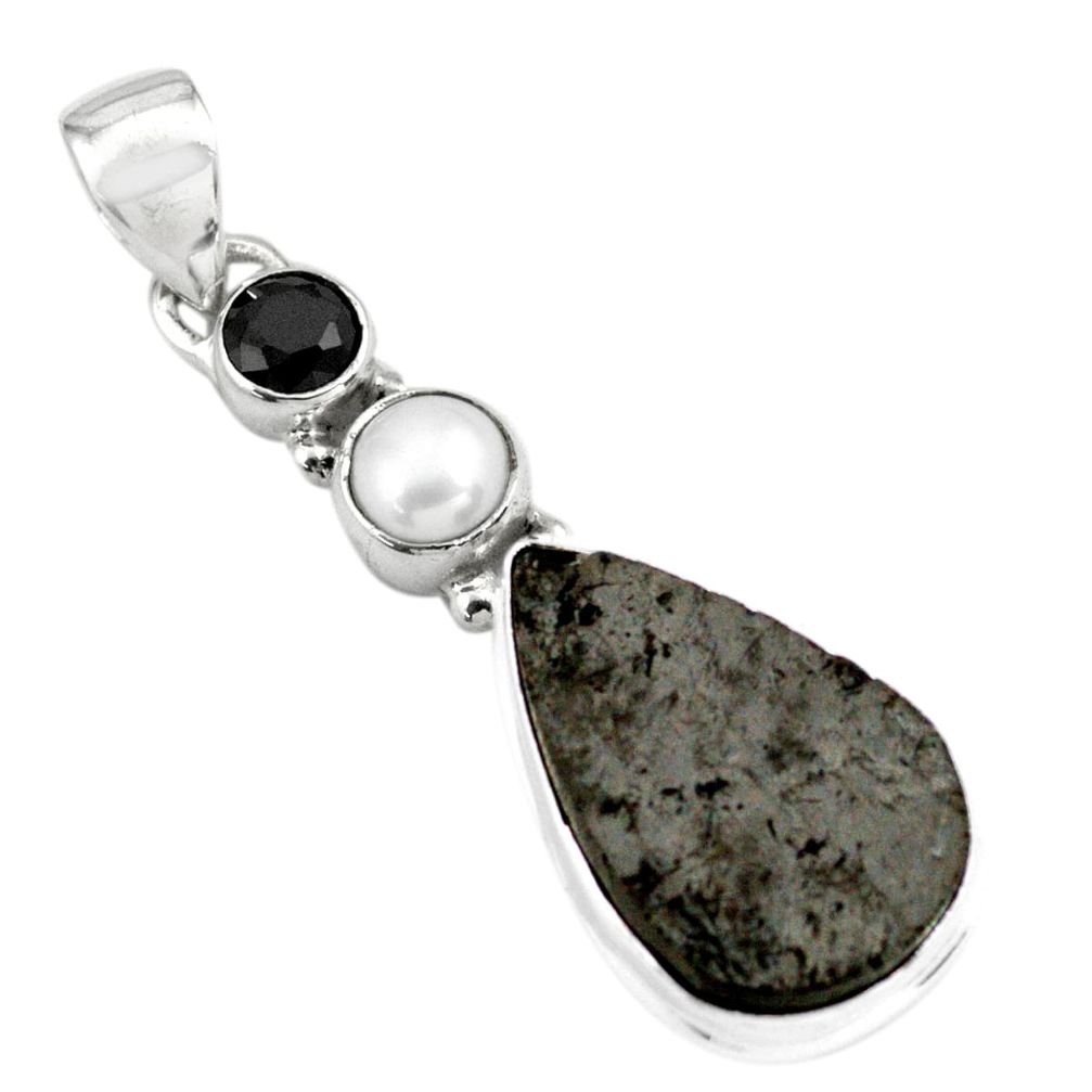 13.55cts natural black shungite onyx pearl 925 silver pendant jewelry p79415