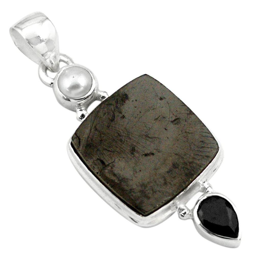 12.06cts natural black shungite onyx pearl 925 sterling silver pendant p79401